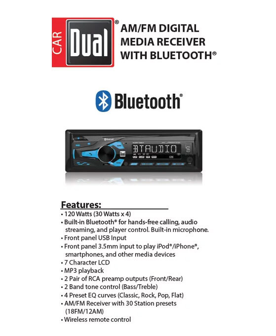Car Stereo 120 Watts AM FM Digital Media Receiver Bluetooth USB MP3
