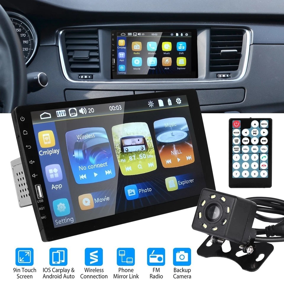9in Car MP5 Stereo Player Touch Screen 1080P Wireless Car Radio FM USB AUX Back