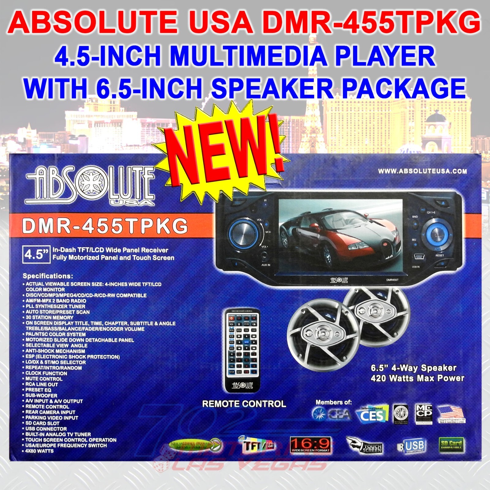 ABSOLUTE USA DMR-455TPKG 4.5″ MULTIMEDIA PLAYER WITH 6.5″ SPEAKER PACKAGE NEW!