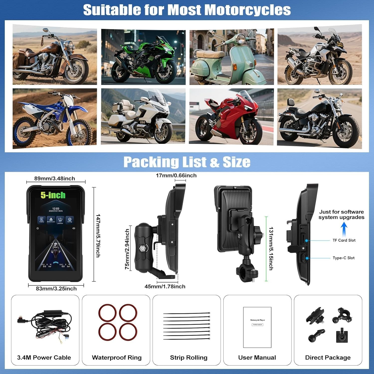 5 inch IPS Touch Screen Motorcycle GPS Wireless Portable CarPlay& P2-5