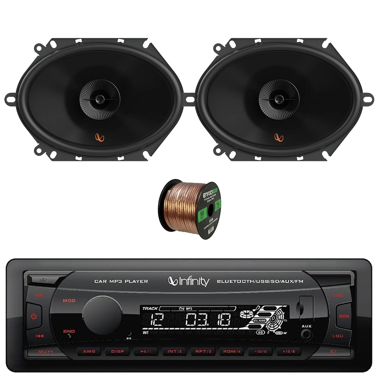 Single DIN Bluetooth USB/AUX FM Radio Receiver, 2x 6×8″ 150W Car Speakers + Wire