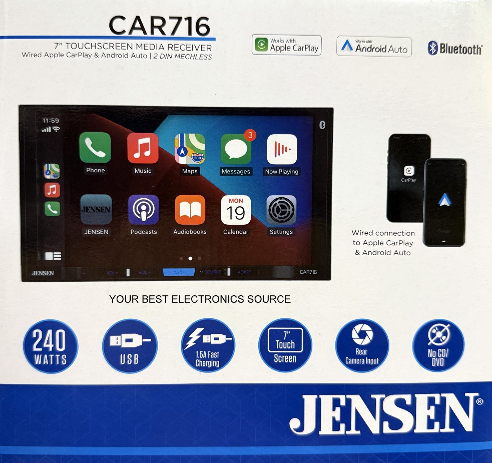 NEW Jensen CAR716 2-DIN Digital Media Car Stereo, 7″ Screen CarPlay+Android Auto