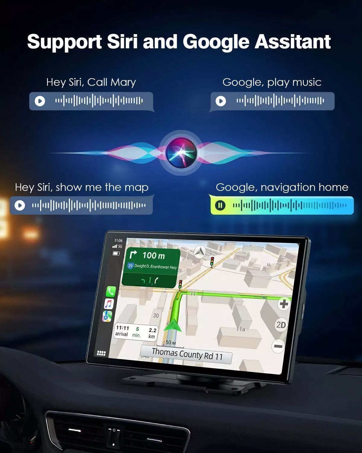 9″ Portable Wireless Car Radio Carplay Auto HD Touch Screen Stereo For Android