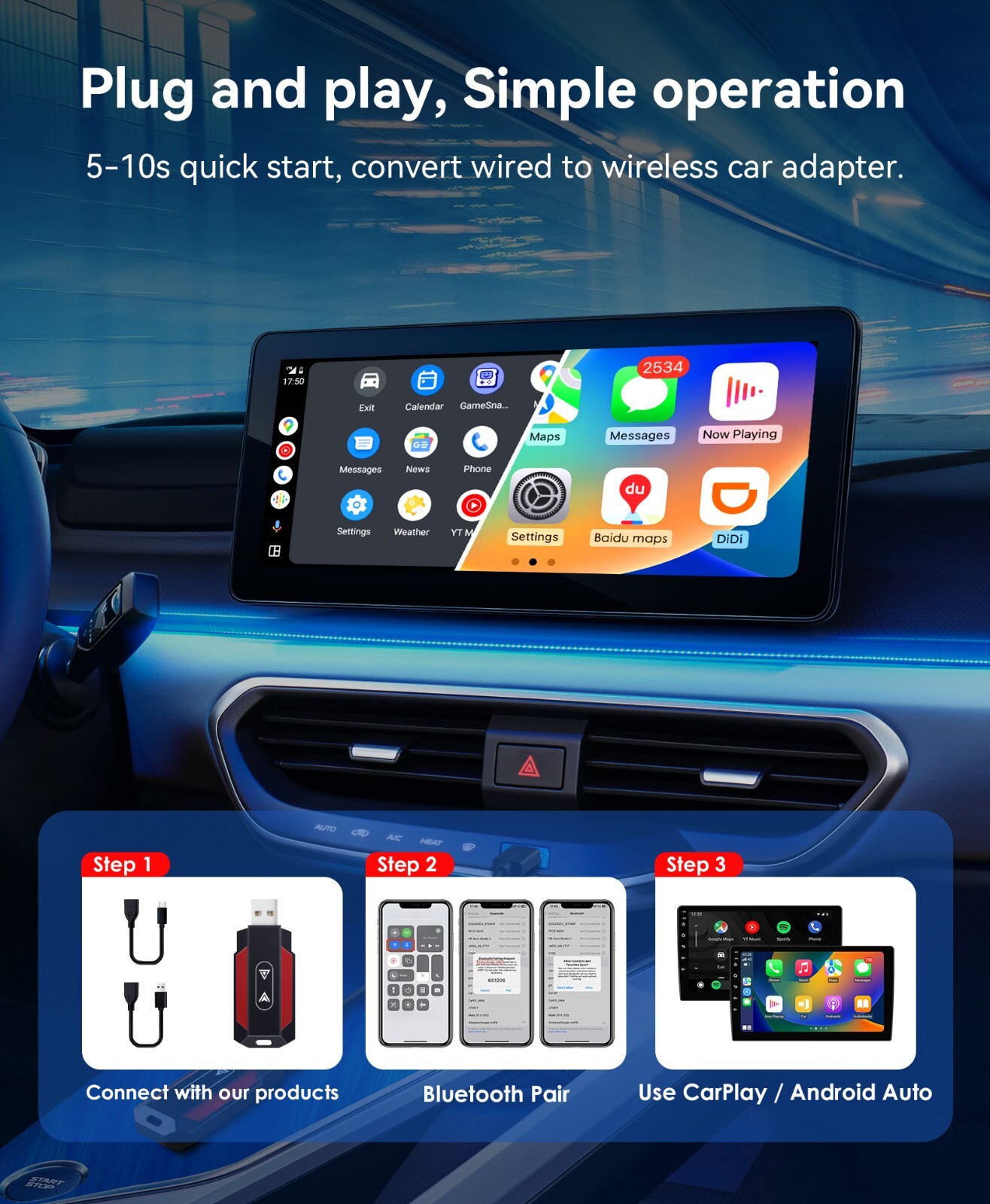 2 In 1 Wired to Wireless CarPlay Adapter For iPhone Apple Carplay Android Auto