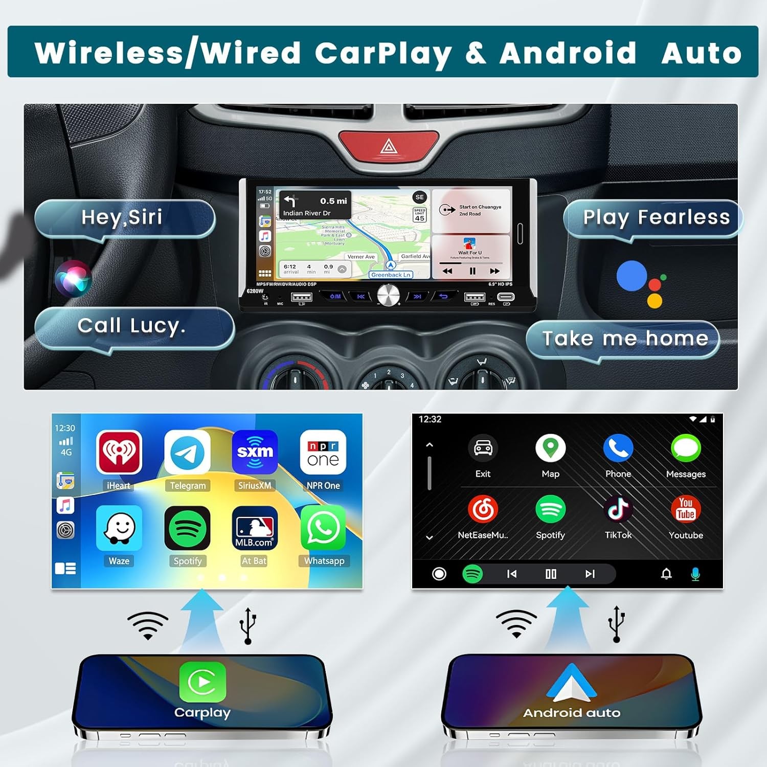 Hikity 6.9 Inch Car Stereo Single Din Wireless Carplay Android Auto, Black