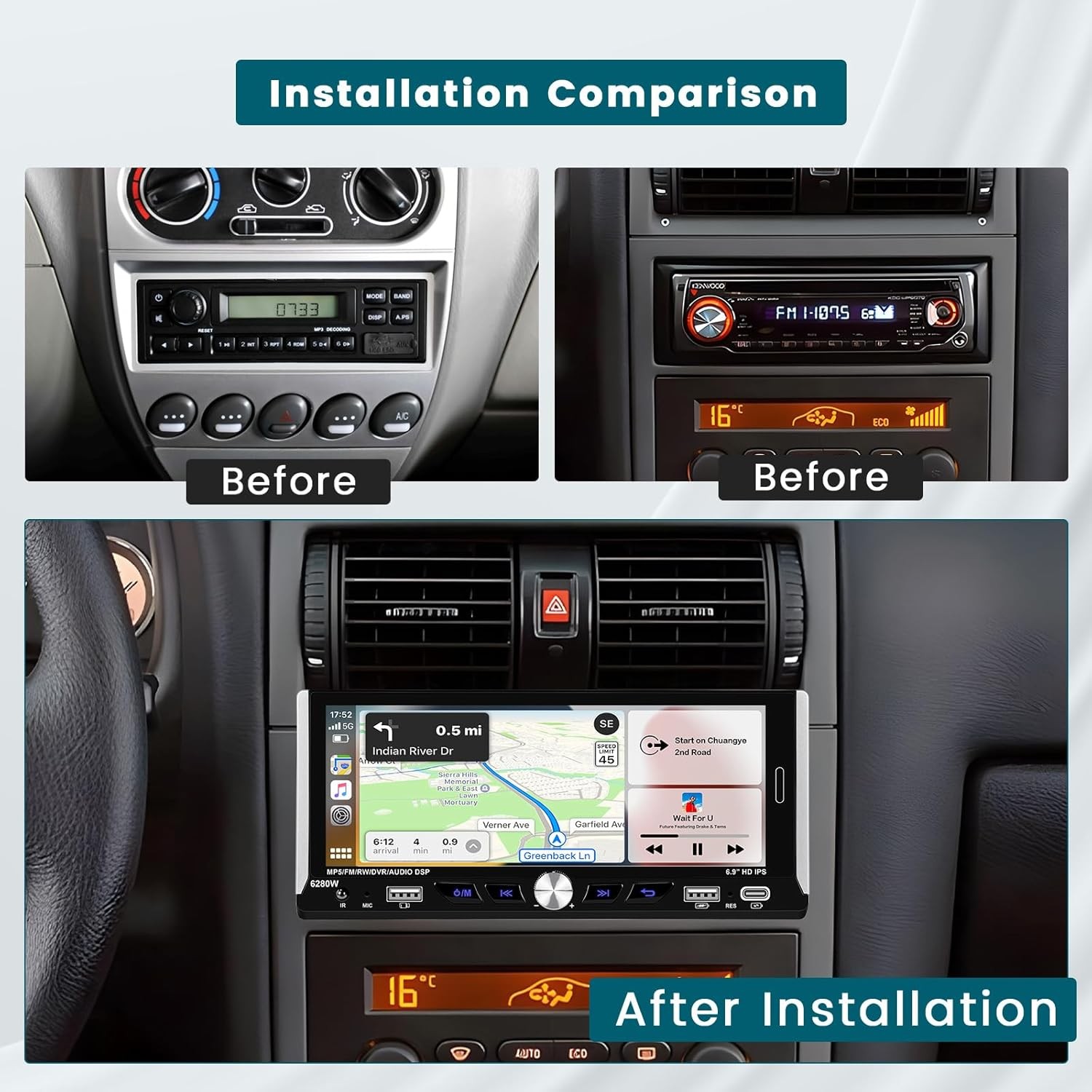 Hikity 6.9 Inch Car Stereo Single Din Wireless Carplay Android Auto, Black