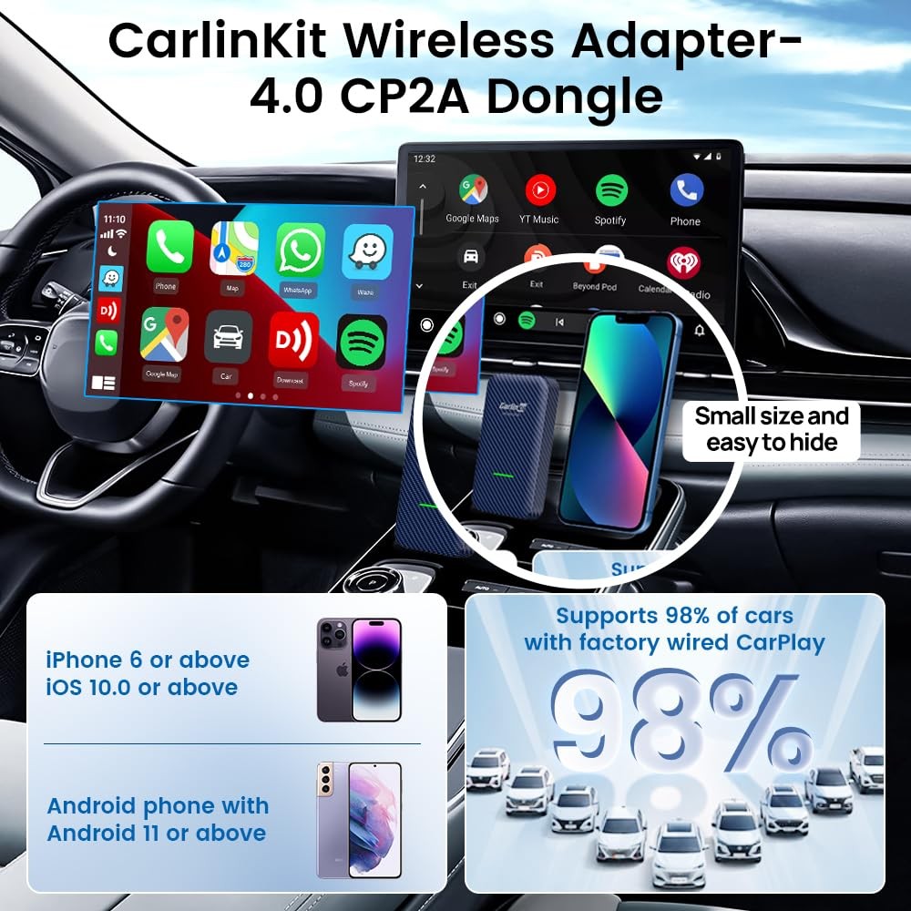 4.0 CP2A Adapter for Wired CarPlay Car, 2 in 1 Convert Wired CarPlay to Wirel…