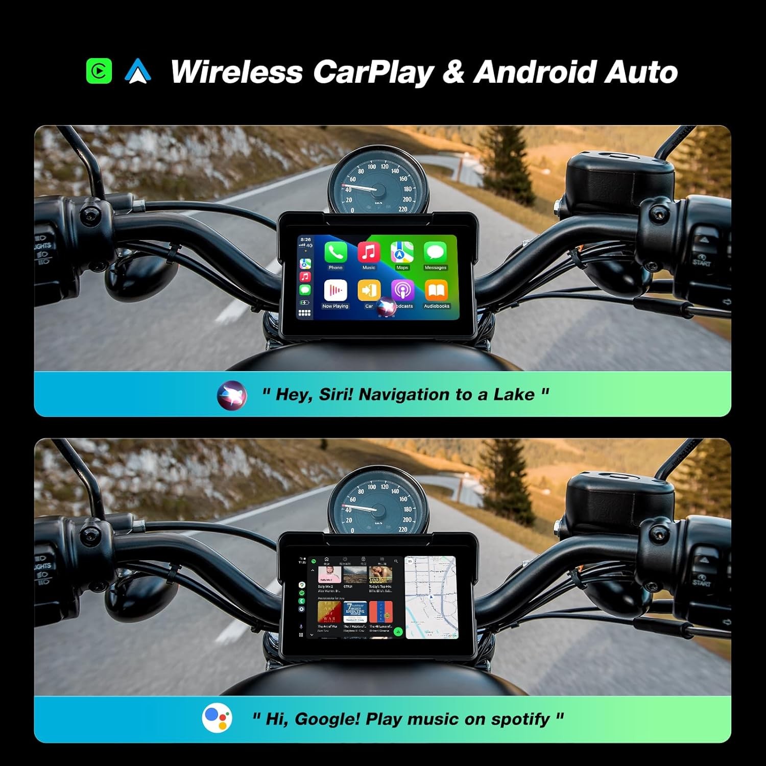 7″ Screen Waterproof Motorcycle Wireless CarPlay Android Auto Dash Camera GPS
