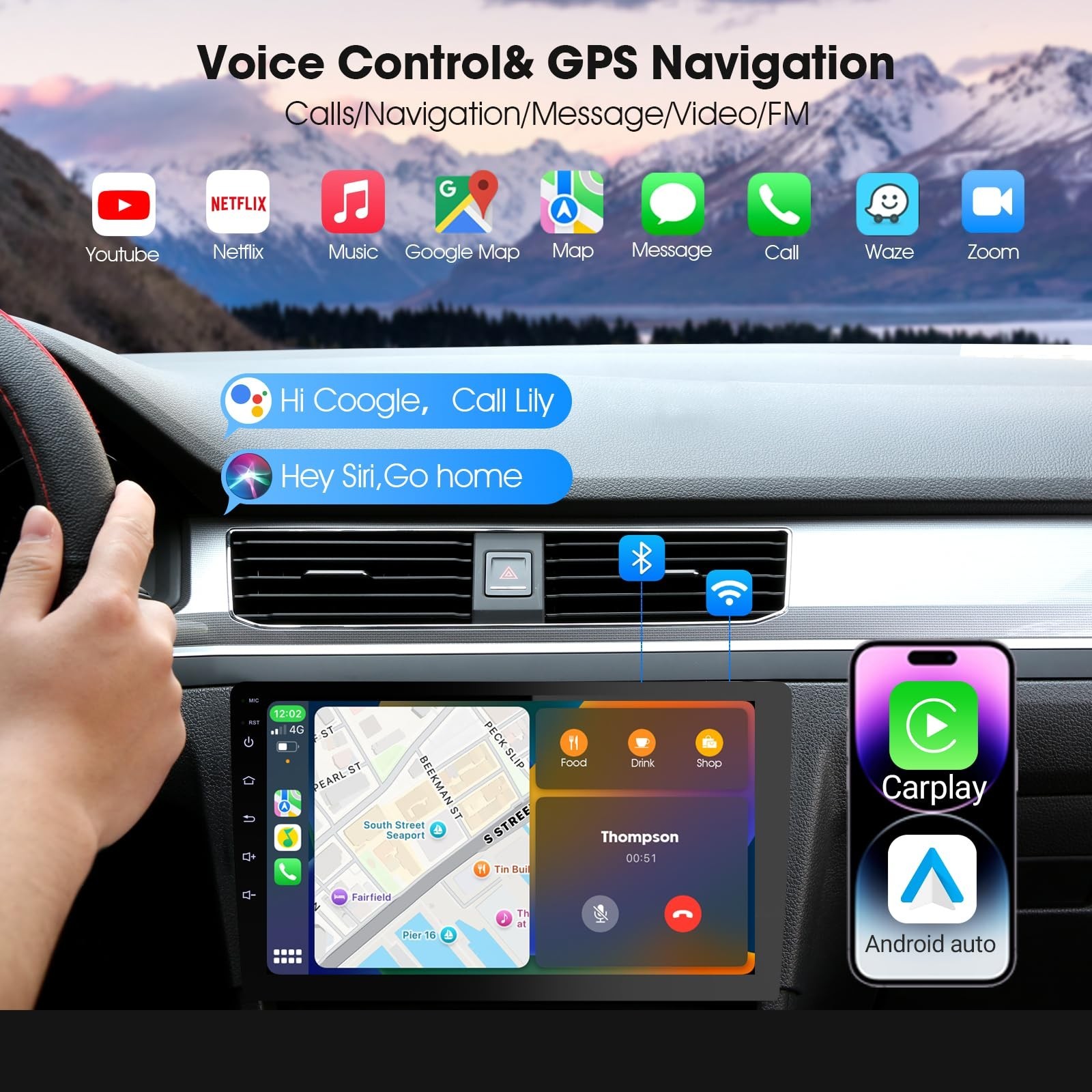 9″ Wireless CarPlay & Android Auto Double Din Car Stereo, GPS, Backup Camera, Mu