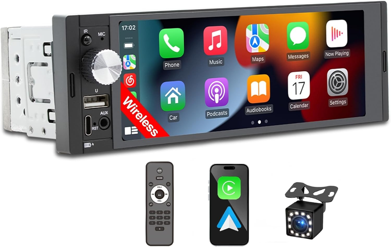 Single DIN Car Stereo with Wireless Apple Carplay Car Radio Android Auto, 6.36″