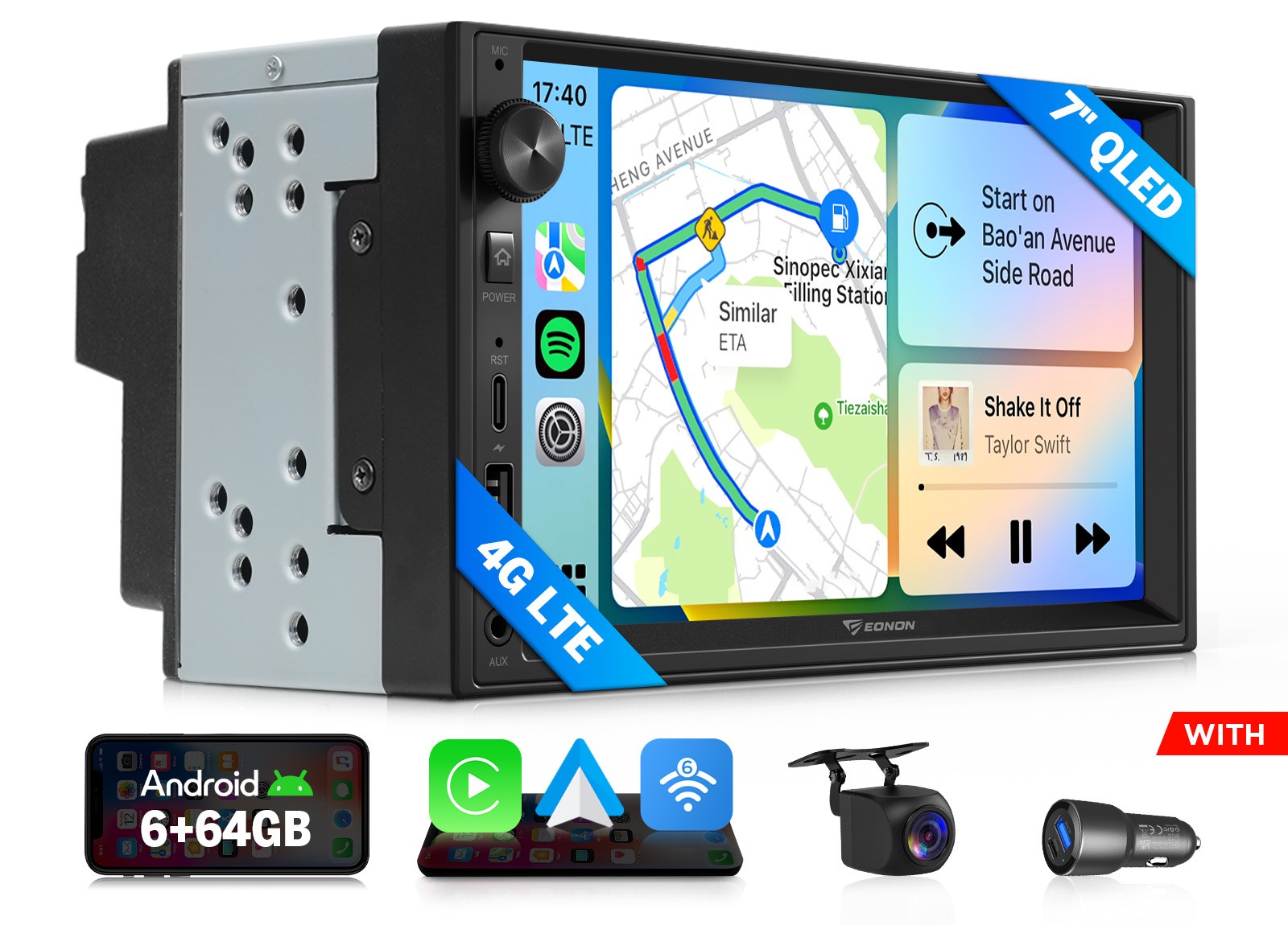 Android Auto 7″ QLED 6+64 Double DIN Car Stereo Head Unit CarPlay GPS Multimedia