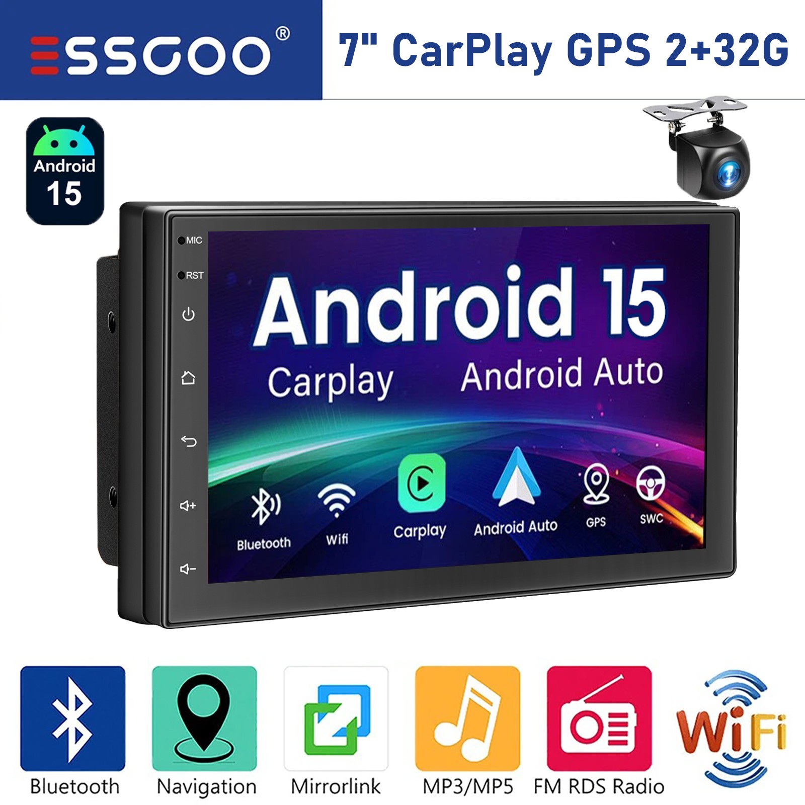 Android 15 7″ Double 2DIN Car Stereo Radio Apple CarPlay GPS Navi WIFI SWC 2+32G