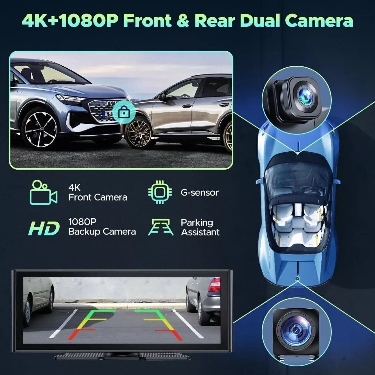 10.26″Car Stereo Portable Wireless Apple CarPlay Android Auto 4K+1080P Dash Cam