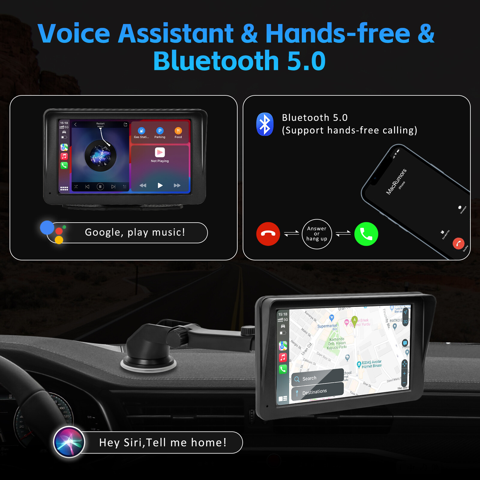 7″ Portable Touch Screen Wireless CarPlay Android Auto Car FM Radio AUX +Camera