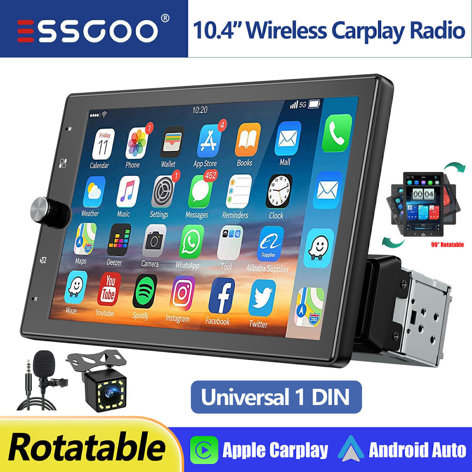 10.4” Rotatable Wireless Apple/Android CarPlay 1 DIN Car Stereo Radio +MIC&CAM