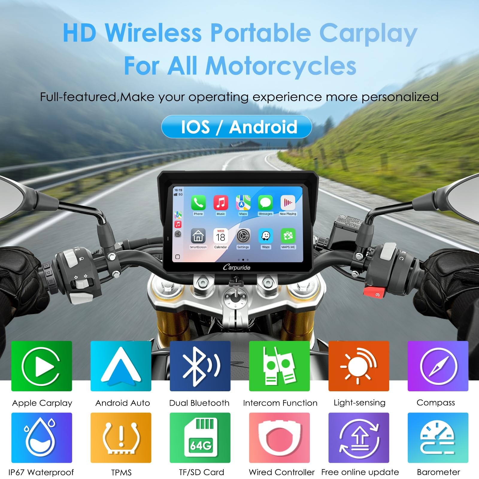 Carpuride W702S PRO 7″ Motorcycle Wireless CarPlay Android Auto GPS Screen