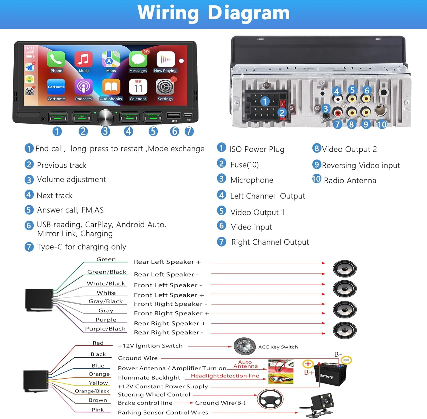 Single Din Touchscreen Radio with Wireless Apple Carplay & Android Auto, 6.9″ IP