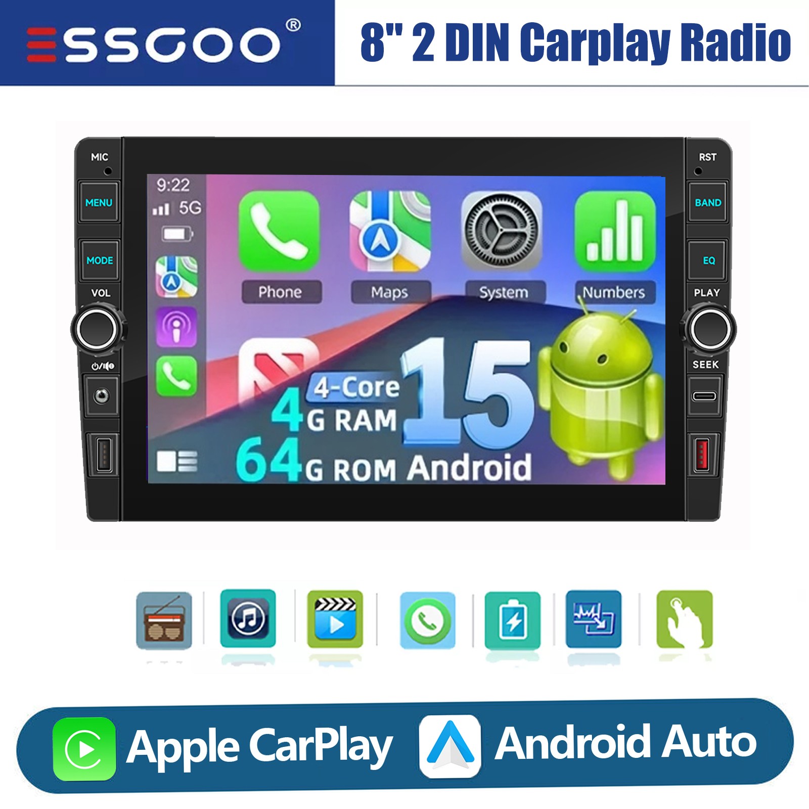 8″ Double 2DIN Android15 Carplay Car Stereo Radio GPS IPS Touch Screen Bluetooth