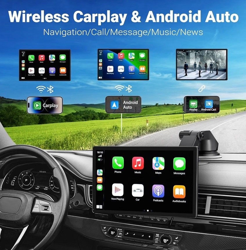 HAUXIY Wireless Carplay/Android Auto Screen for Car 4K Dash Cam, 9″ Portable