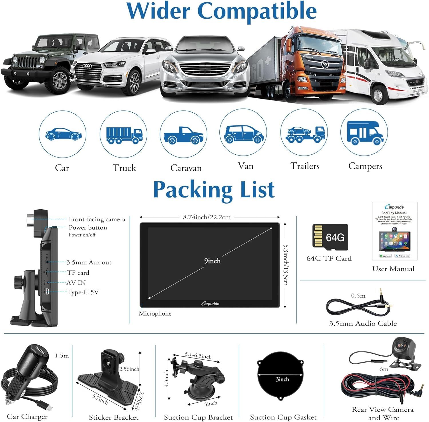 Carpuride 9”Wireless Apple Carplay Android Auto Touch Car Screen With Dash Cam