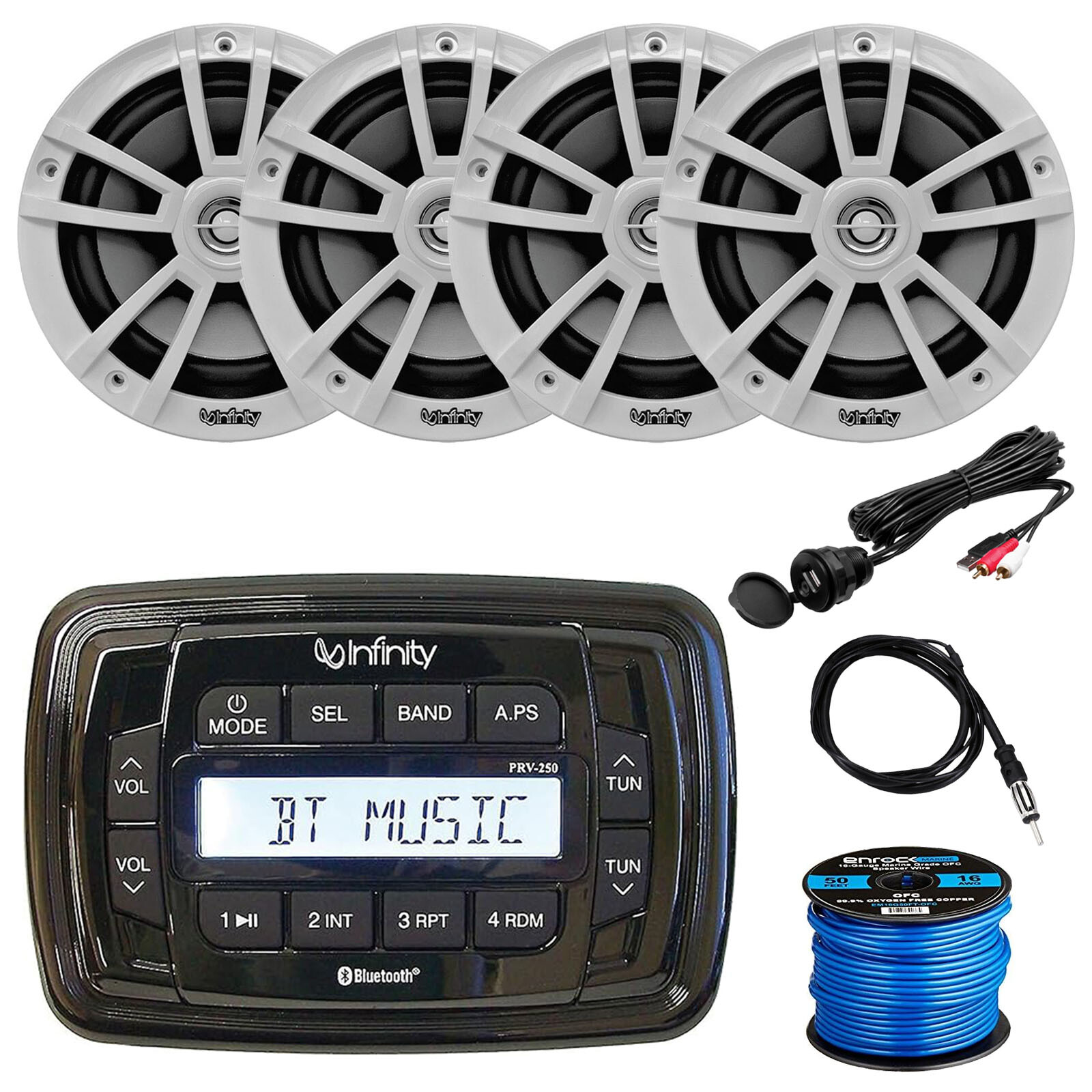 Infinity Bluetooth Marine FM Radio Receiver,, 4x 6.5″ 225W Speakers, Accessories