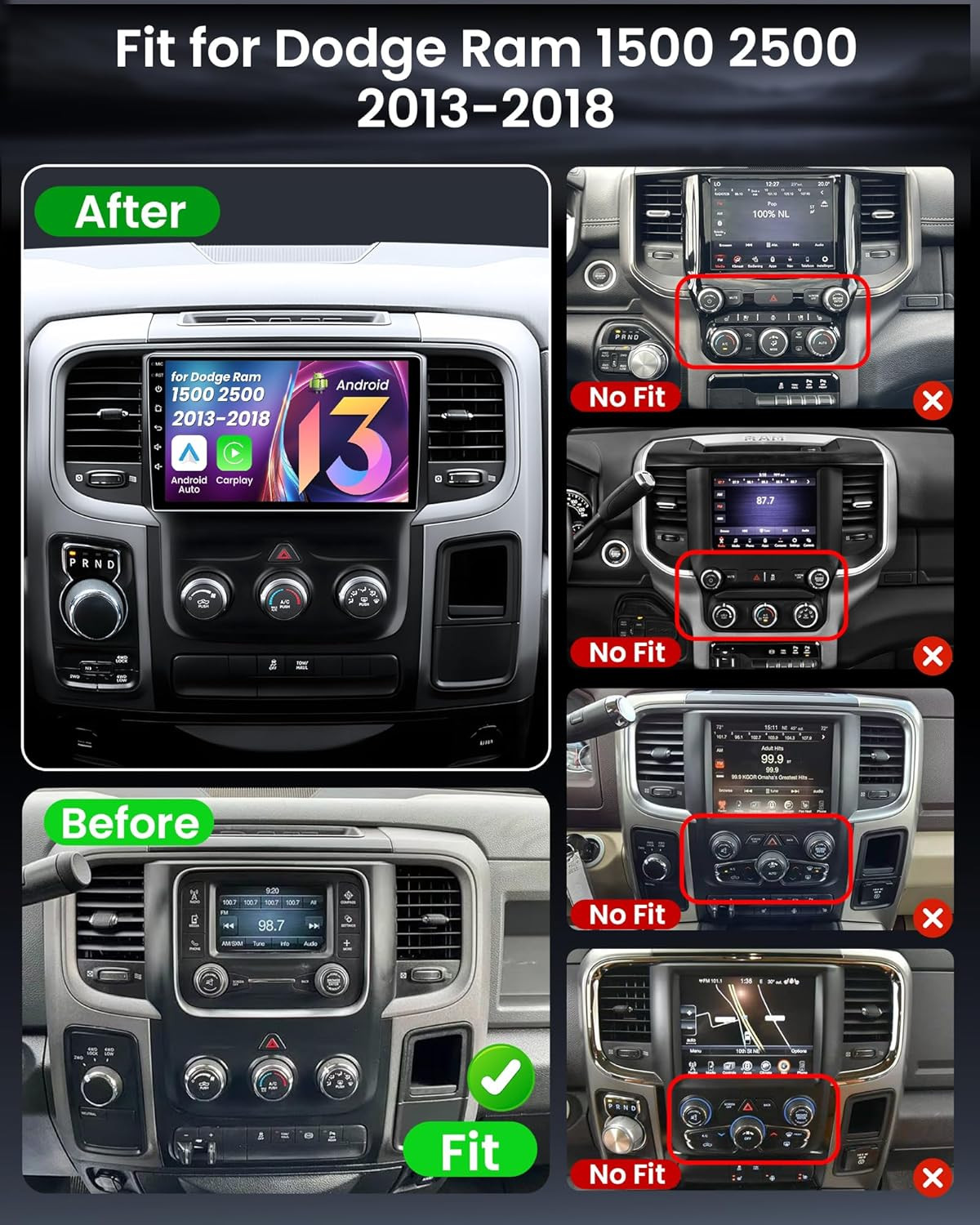 For 2013-2018 Dodge Ram 1500 2500 Radio Apple CarPlay Android GPS 5GWIFI 2G+64G