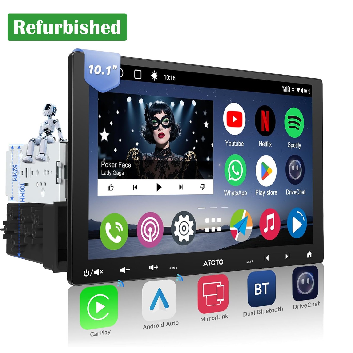 ATOTO 10.1” A6PF Android Car Stereo 1 &2Din Wireless CP &AA 36B-EQ Dual BT QLED