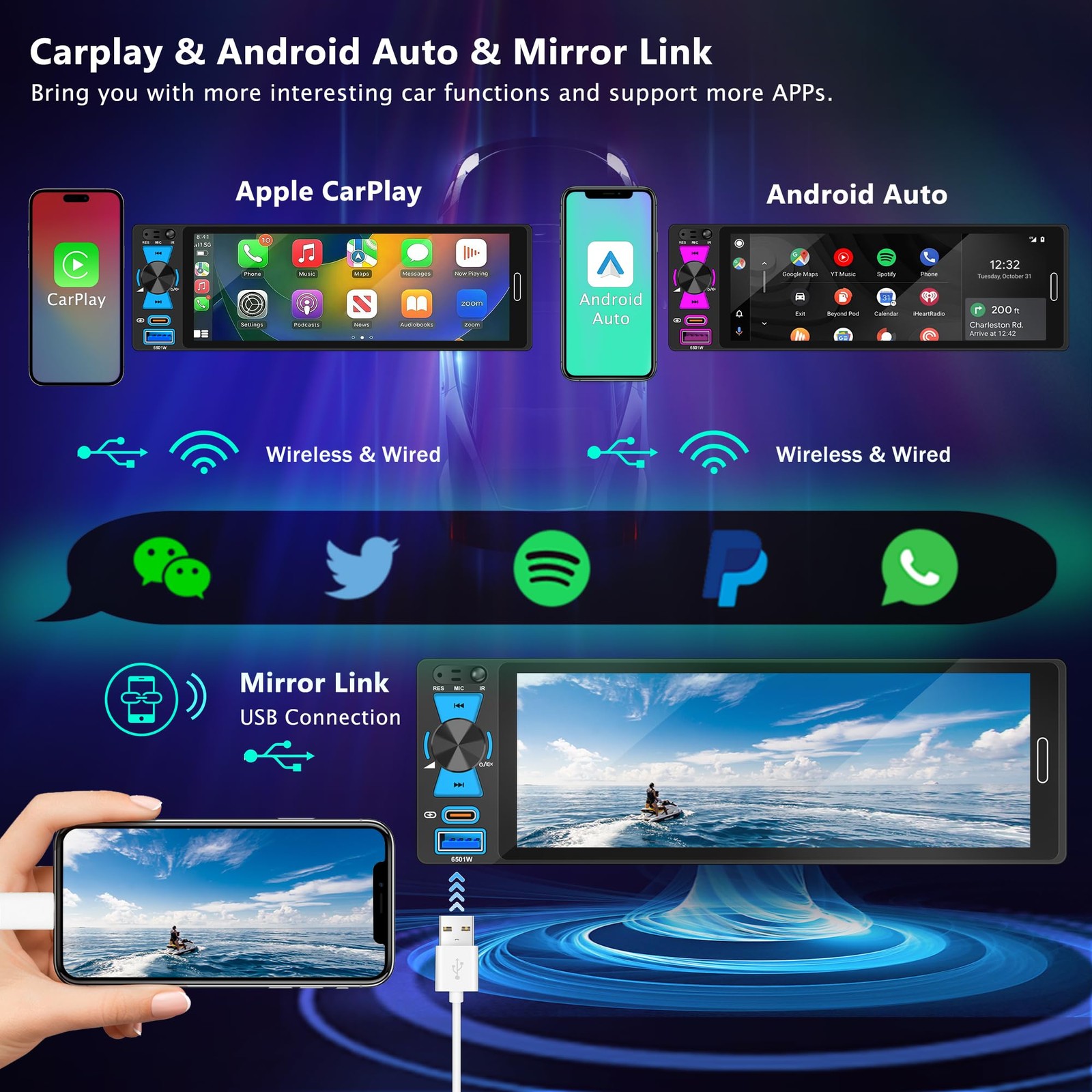 6.5″ Single Din Touchscreen Radio with Wireless Apple CarPlay & Android Auto,…