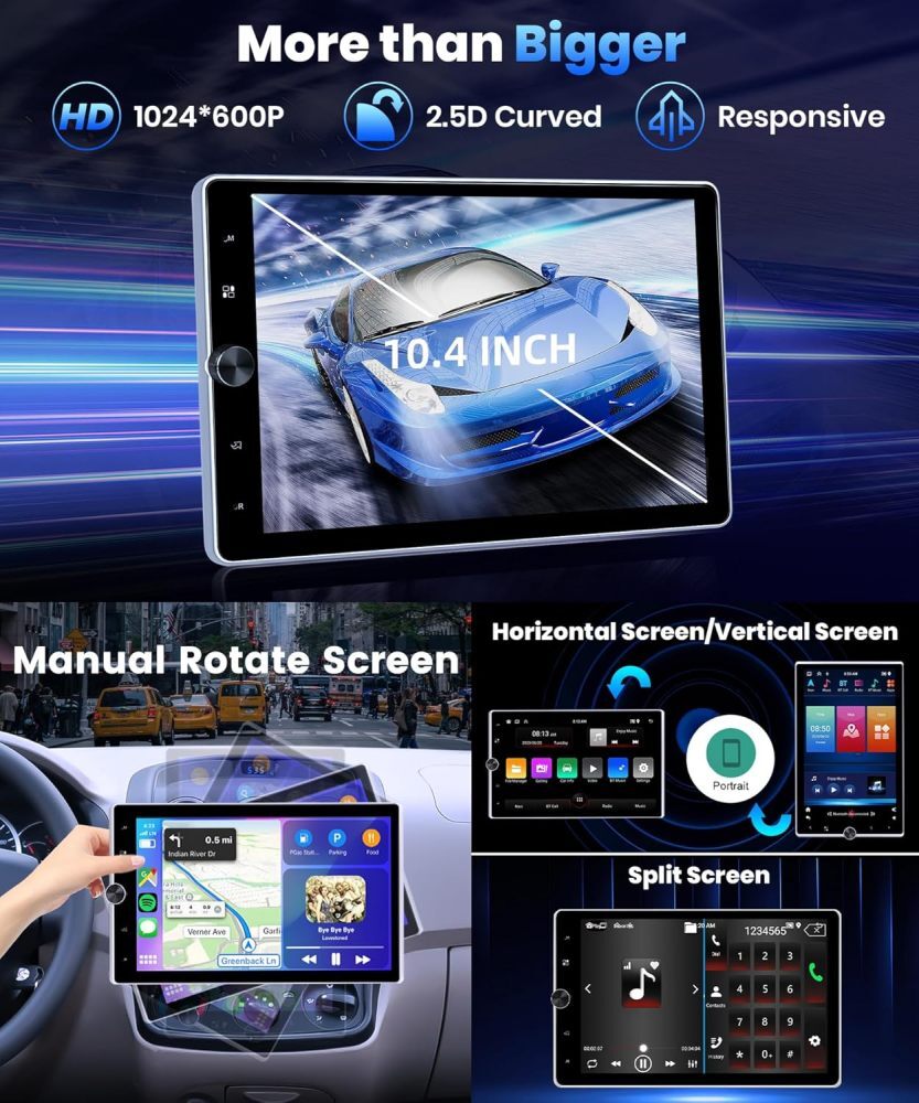 10.4” Android 13 Single 1 Din Apple Carplay Car Stereo Radio GPS WIFI 2G+64GB