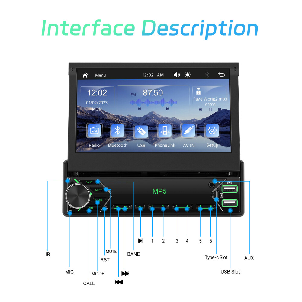 Single 1DIN 7″ Car Stereo Radio Carplay Android Auto Flip Out Touch Screen + Cam