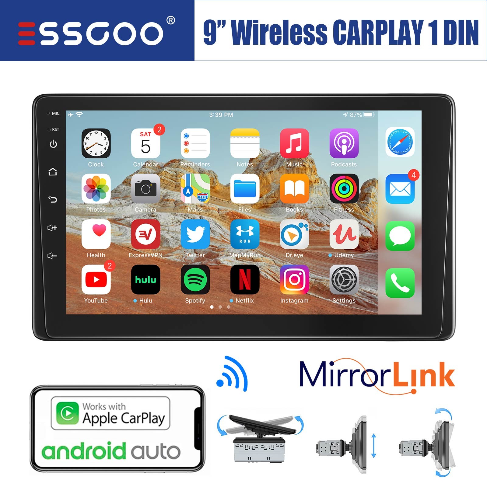 1 DIN 9″ Car Stereo Radio Wireless Carplay Android Auto Bluetooth USB AUX-IN TF