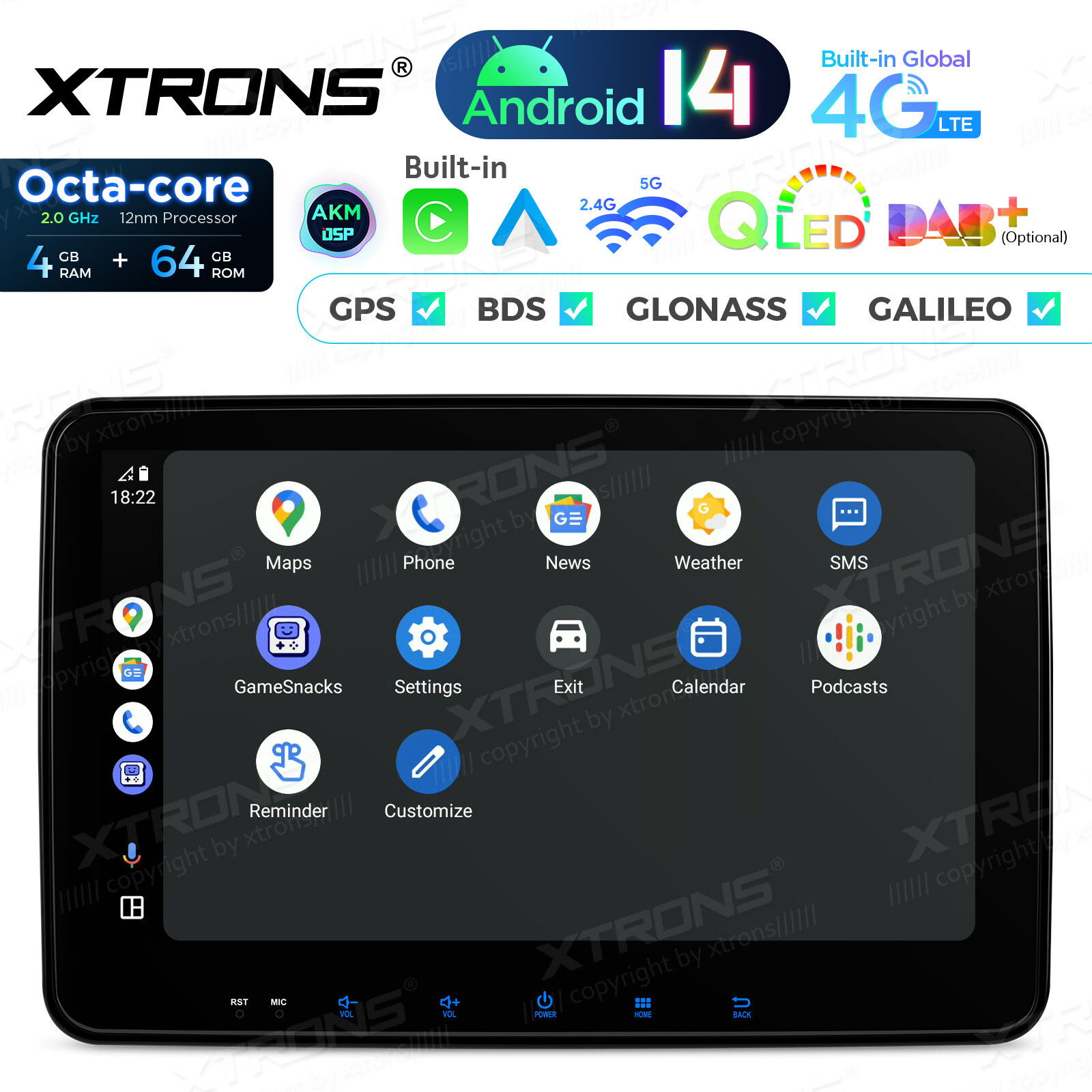 XTRONS 2-DIN 10.1″ Android 14 Car GPS Stereo 8-Core 4+64GB Radio BT5.0 WiFi 4G