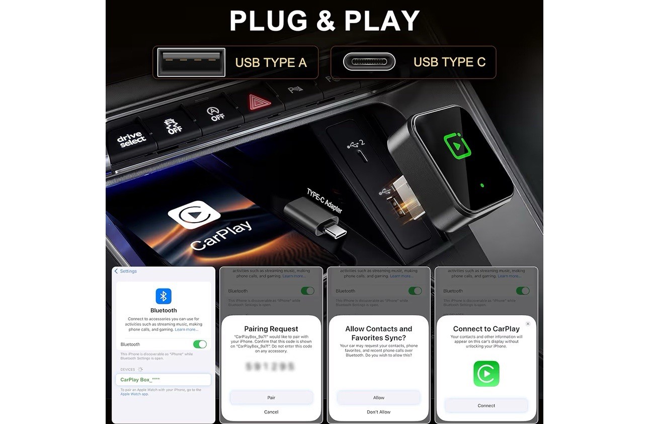 Carplay Wireless Adapter (Carplay Gray) Wired to Wireless