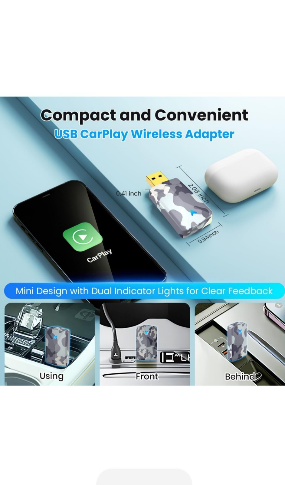 Mini Carplay and Android Auto Wireless Compatible with iOS10+/Android 11+