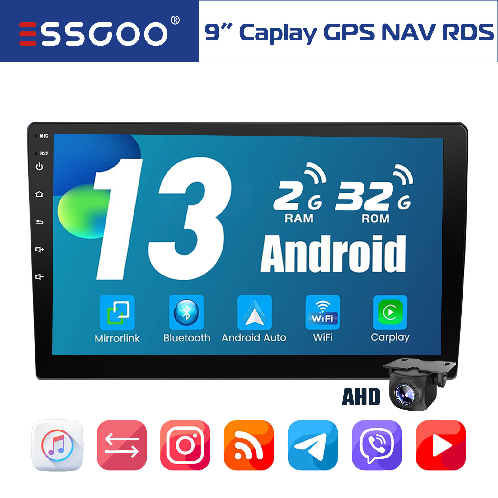 9″ Android 13 Auto Carplay Stereo Radio GPS NAVI Bluetooth WIFI 2+32G 2 DIN CAM