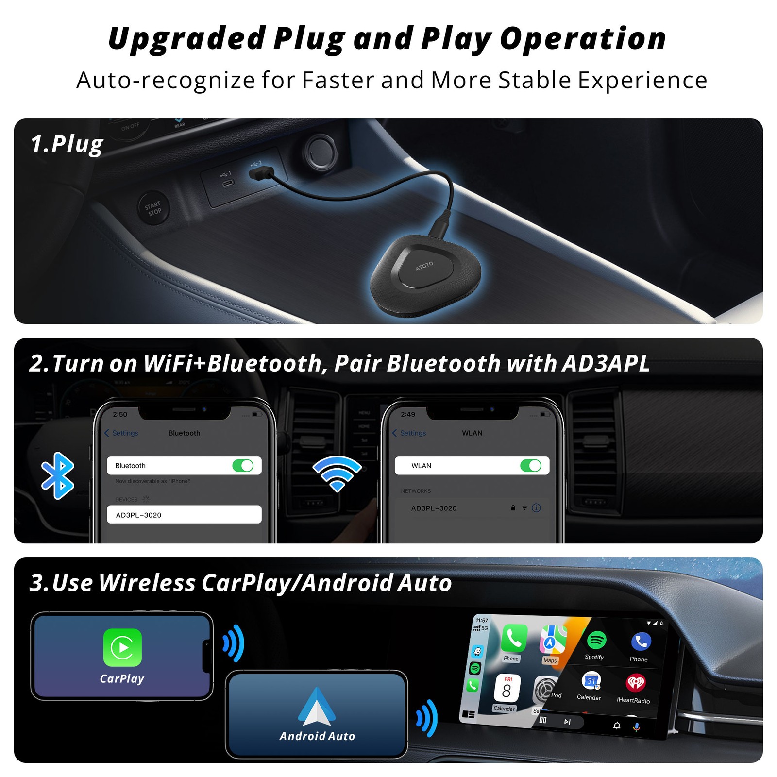 ATOTO Wireless Carplay Dongle Android Auto Adapter USB Car Connect Box Adapter