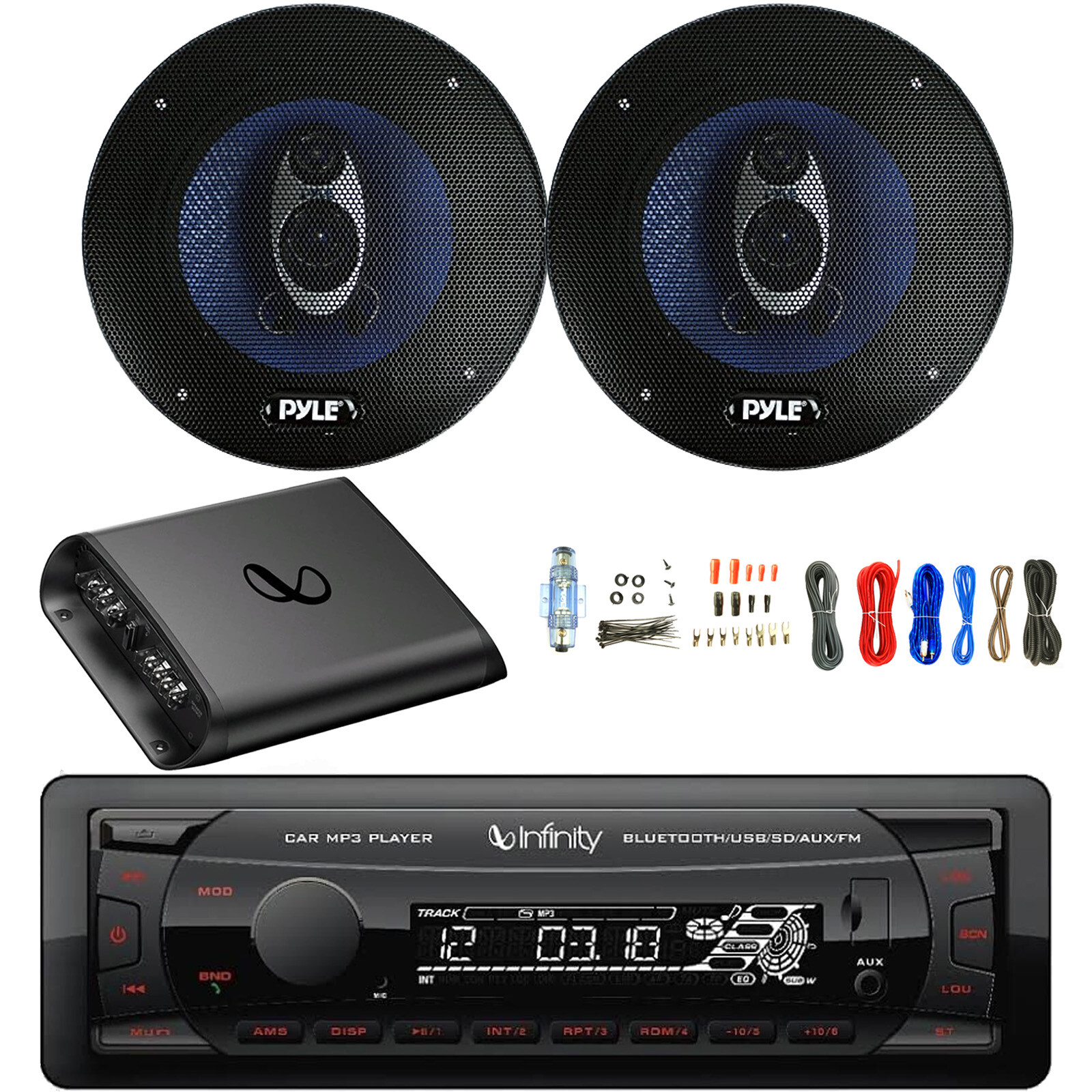 Infinity Single DIN Bluetooth MP3 Receiver, 2x 6.5” 360W Speakers, Amp w/Kit