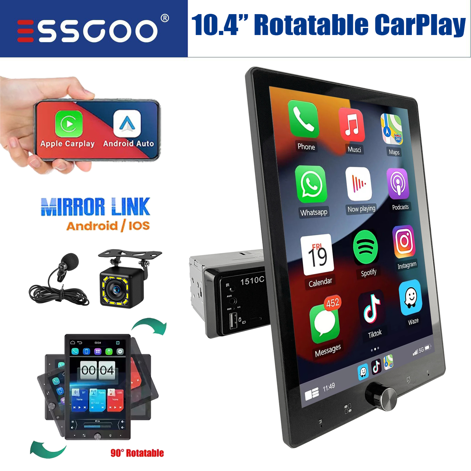 10.4” Wireless Carplay/Android Auto Single DIN Car Stereo Rotatable USB MIC+CAM