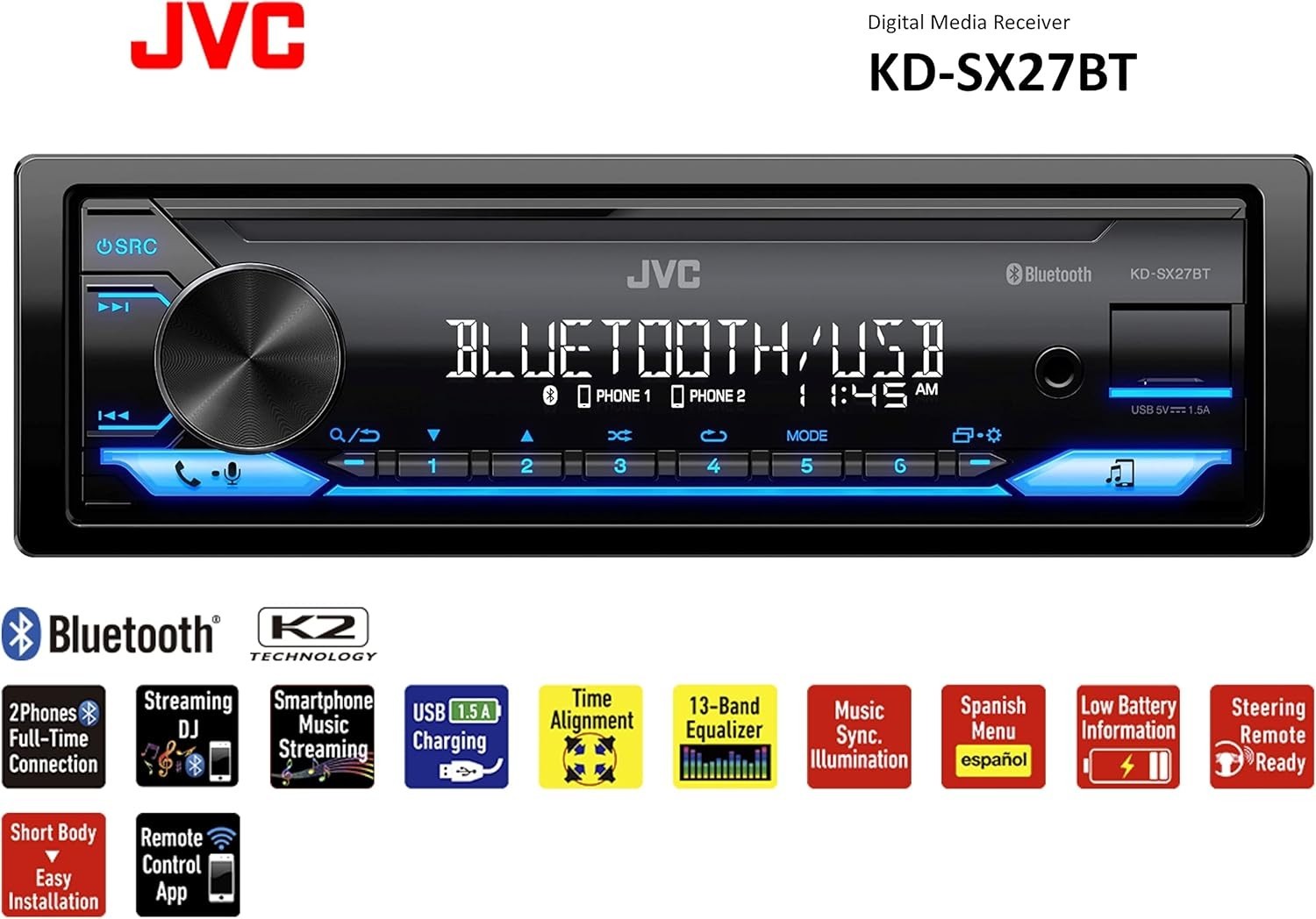 Powerful KD-SX27BT Car Stereo: Bluetooth, USB Charging, & Remote App Control