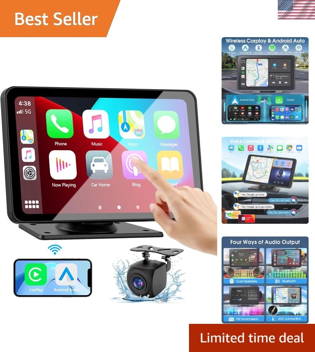 Portable 7-Inch HD Carplay Touchscreen with Real-Time GPS & Backup Camera Access