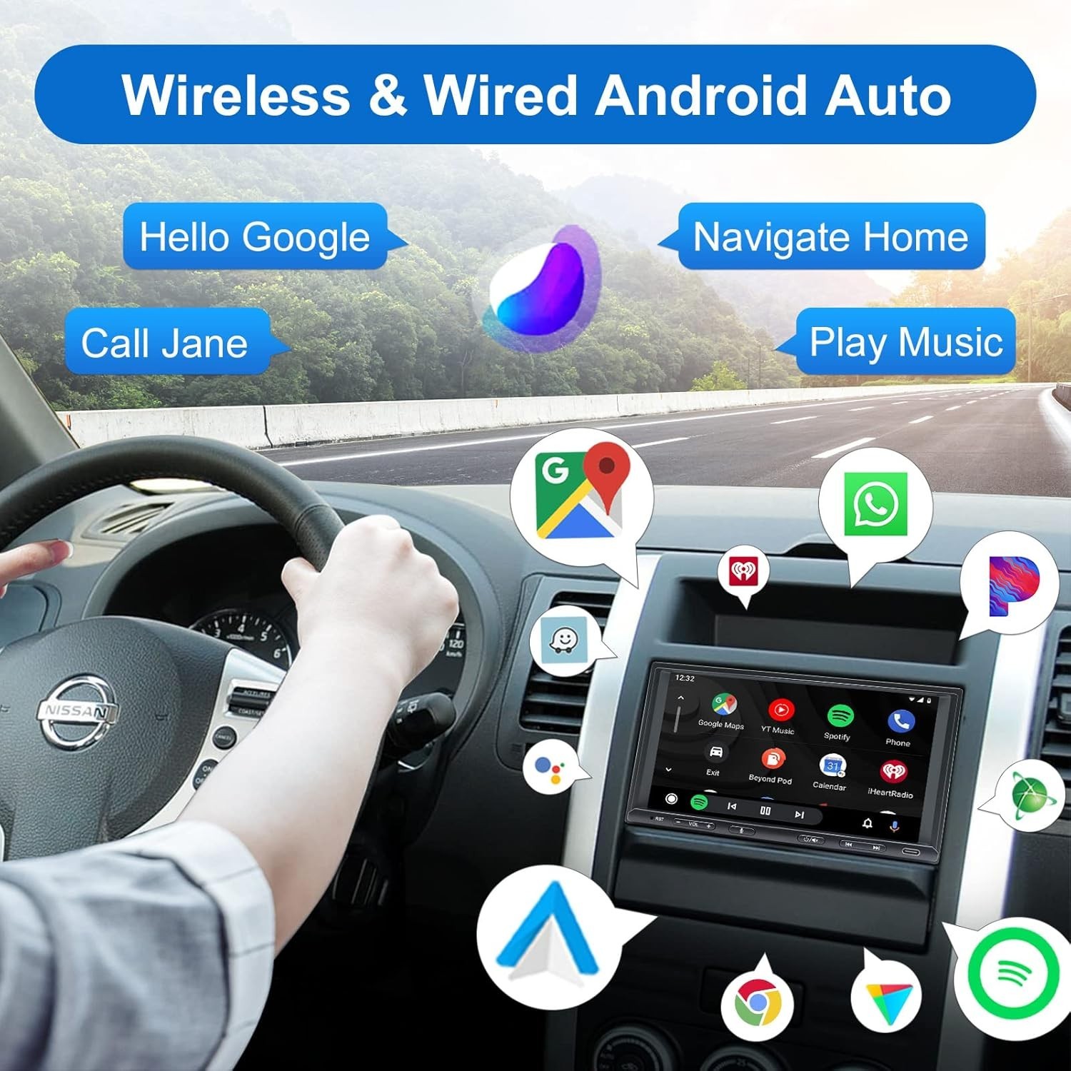 7-Inch Double Din Car Stereo with Wireless CarPlay & Android Auto – Elegant A…