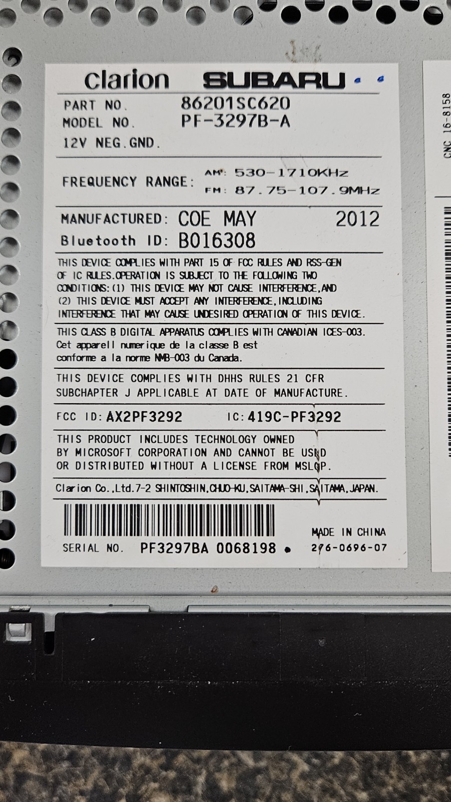Subaru Forrester Car Stereo Clarion CD 2012 8620SC620 PF-3292B-A OEM