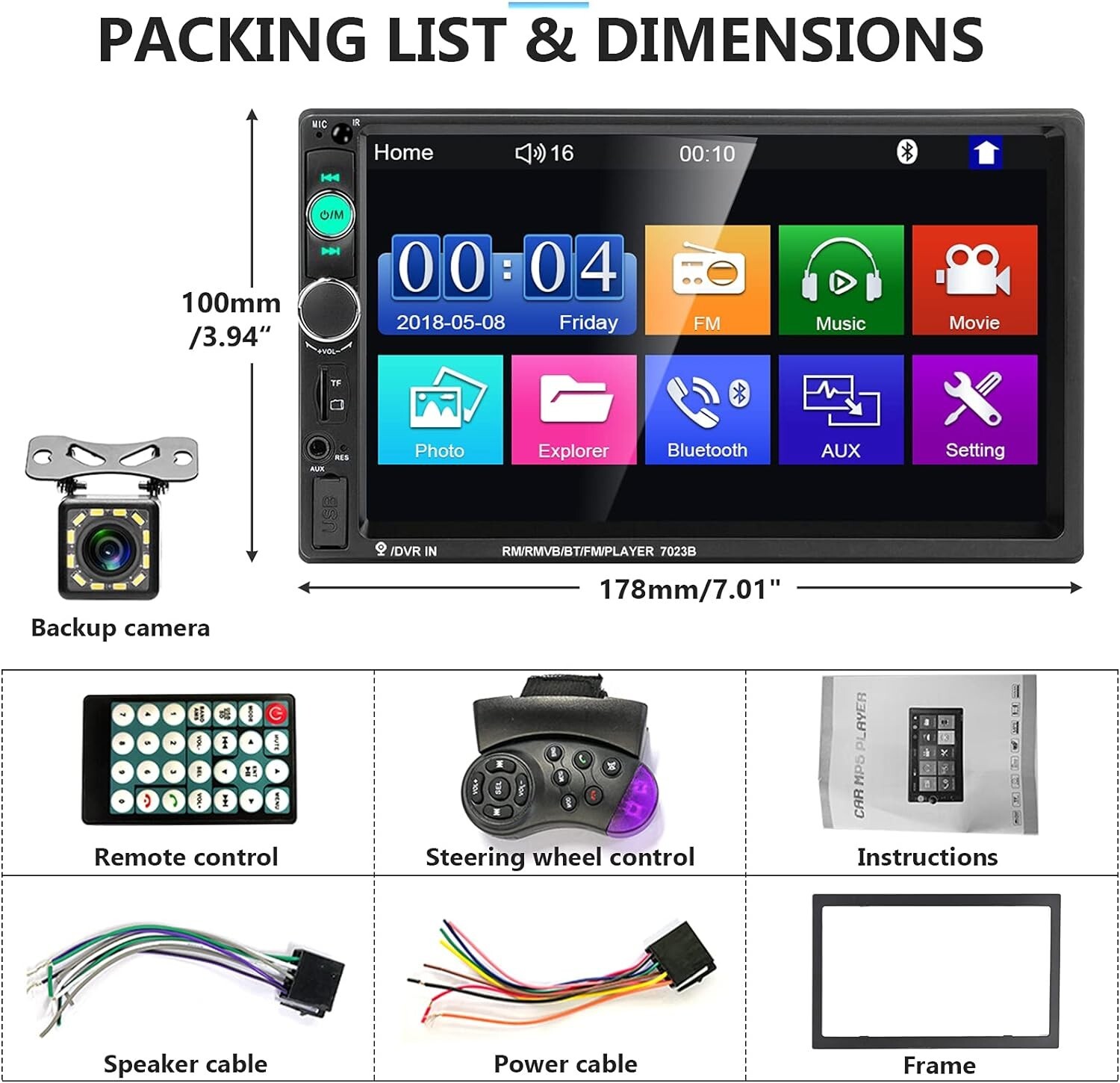 Car Multimedia Experience: 7-Inch HD Double Din Stereo with Bluetooth & Camera