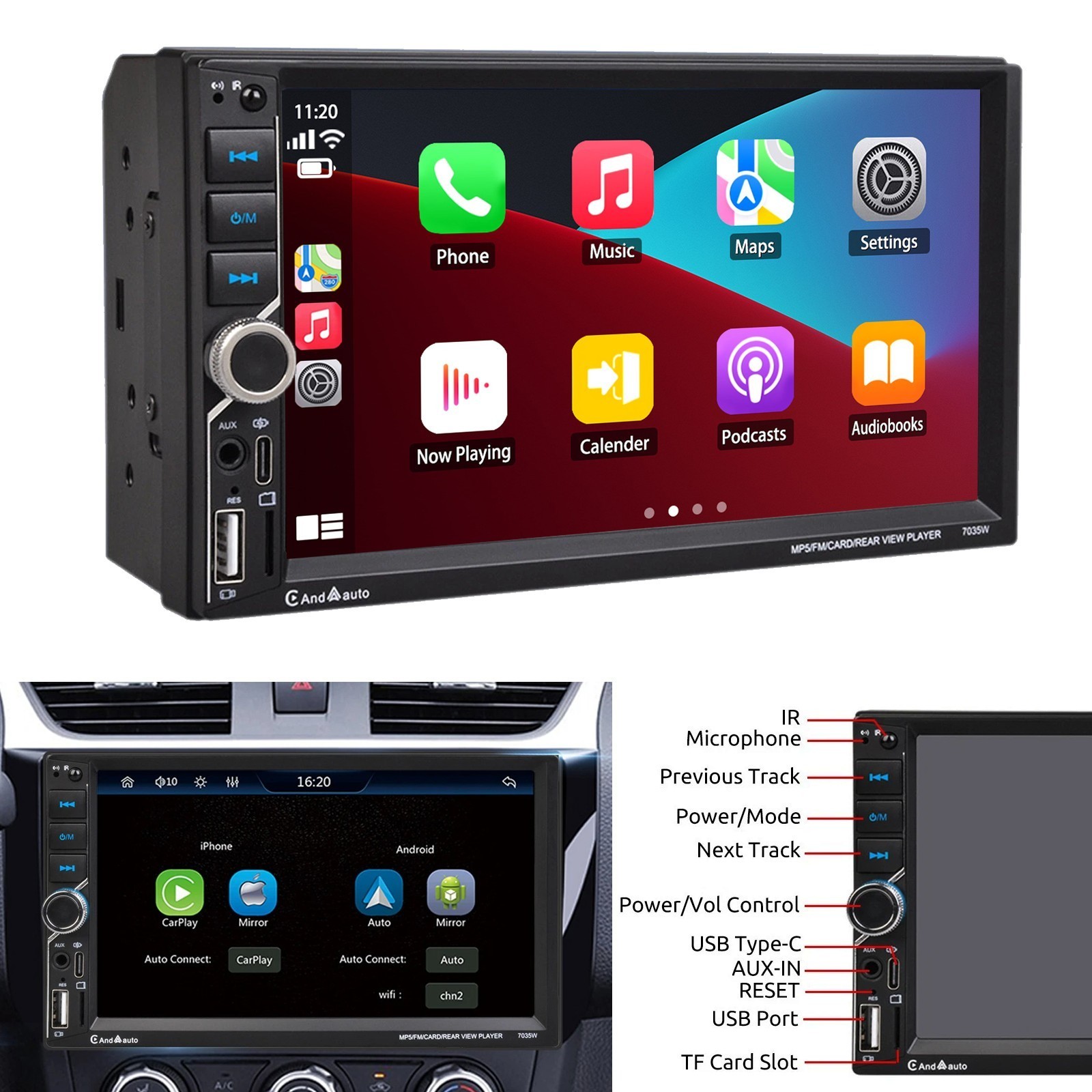 Double 2DIN Car Stereo MP5 Radio Flip Out 7″ Touch Screen Wired CarPlay/Android