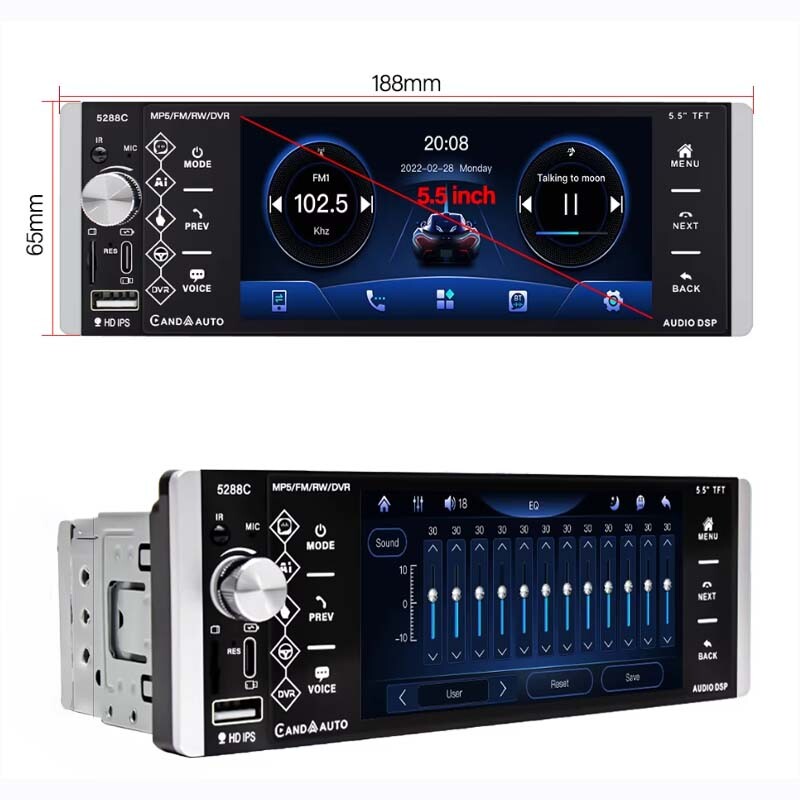 5.5″ Single 1 DIN Car Stereo Radio Bluetooth Apple Carplay Touch Screen Voice/FM