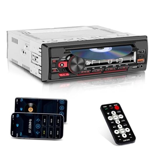 Single DIN CD/DVD Car Stereo with Bluetooth Hands-Free Calling, Push-to Black