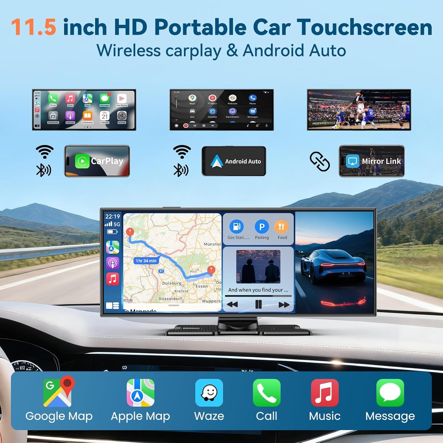 Large 11.5″ Wireless Carplay Screen & Android Auto Screen with 4K Dashcam/ 1080P