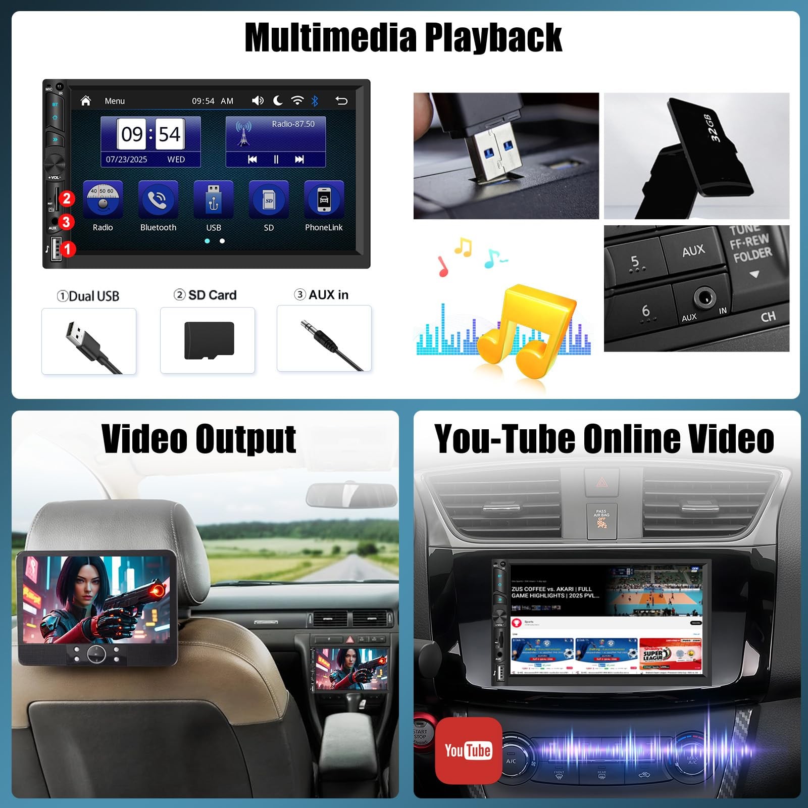 Double Din Wireless Carplay Android Auto Bluetooth Car Radio, 7 Inch Model 2
