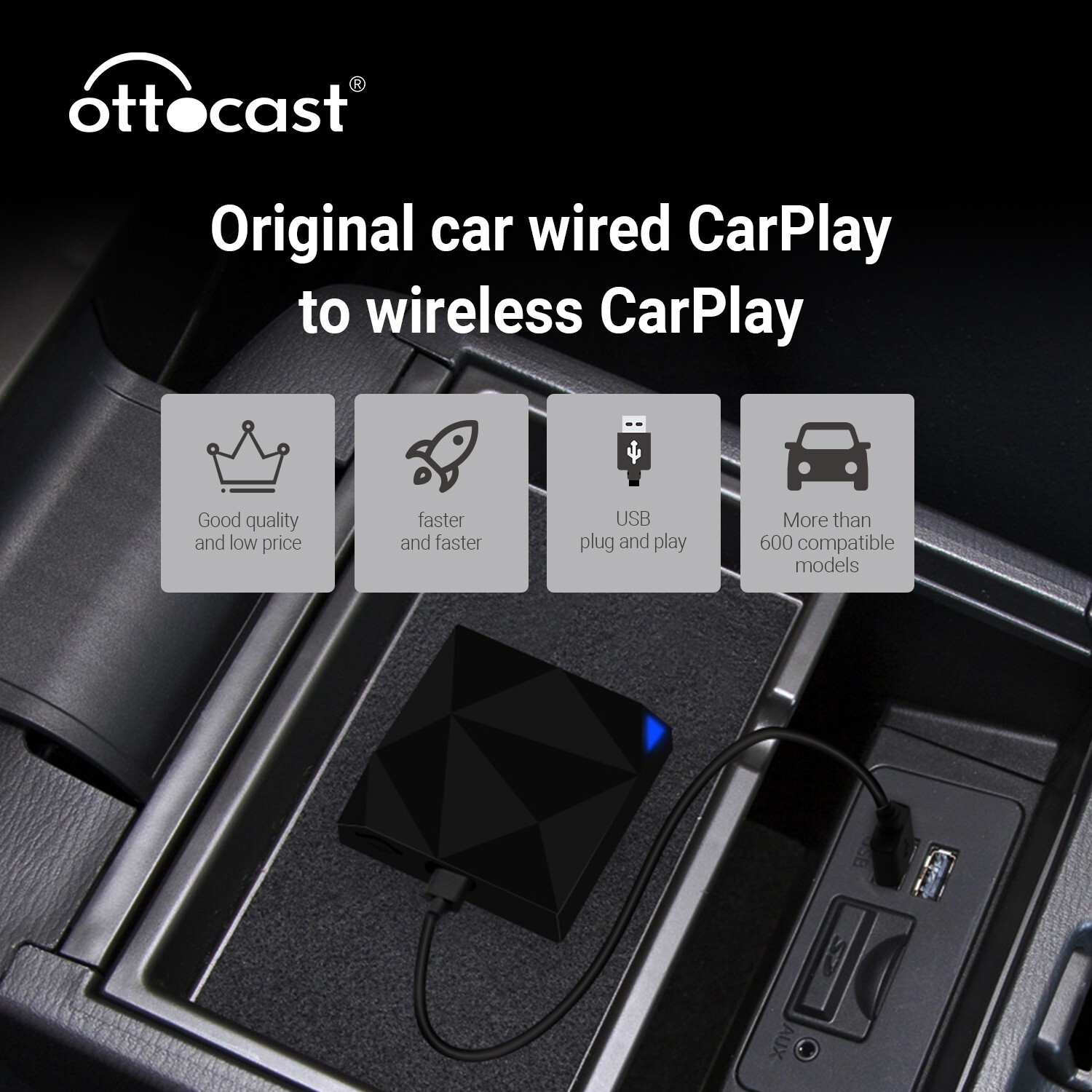 Ottocast Wired to Wireless Carplay Adapter U2 AIR, Navigation Player for iPhone