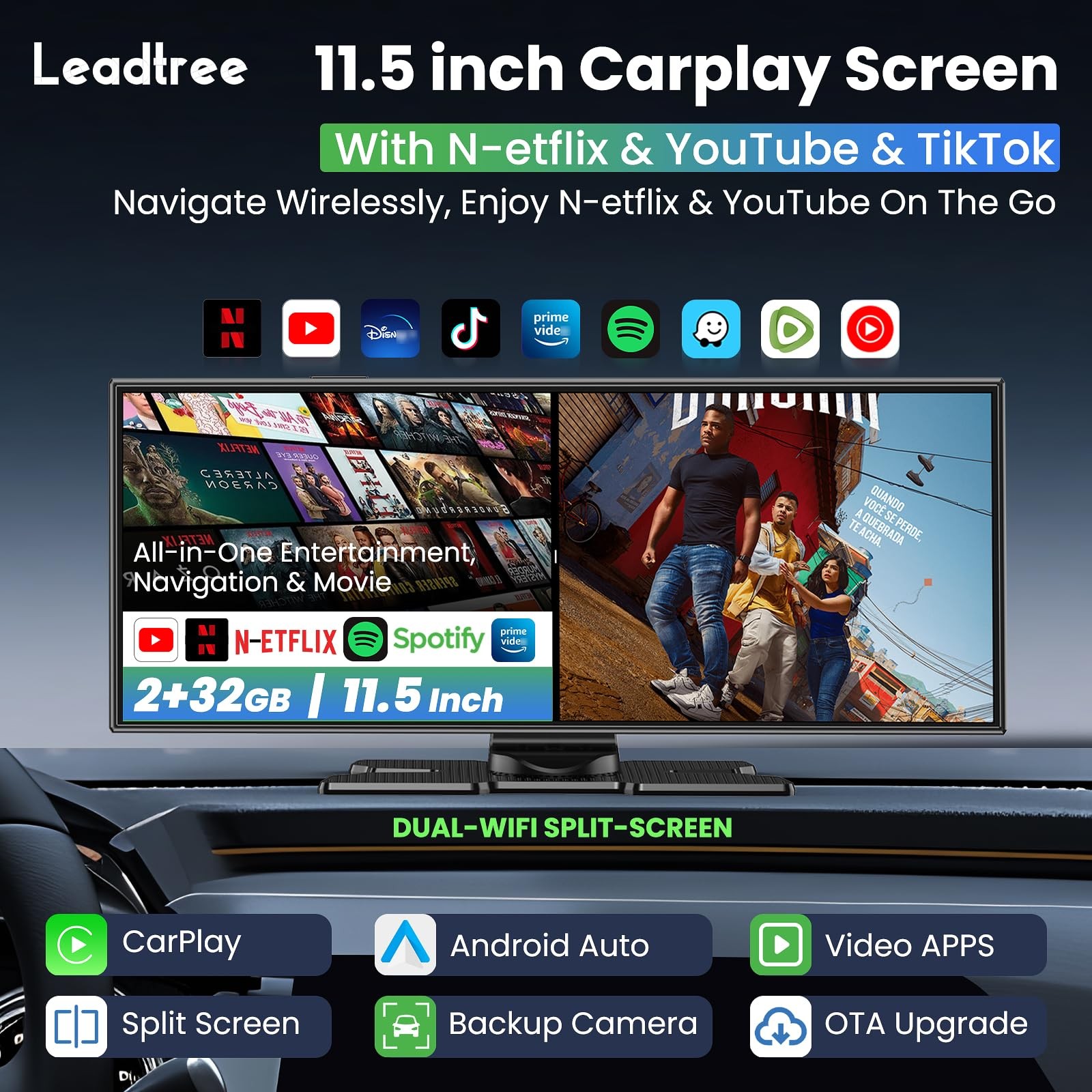 Largest 11.5 inch Wireless CarPlay Screen for Car,Built-in N-etflix/YouTube/T…